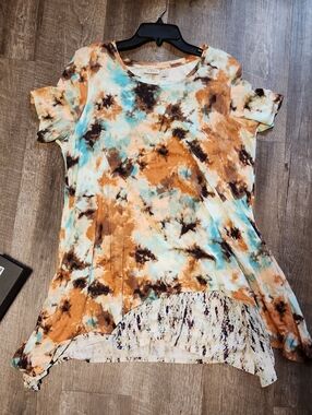 LOGO by Lori Goldstein Short Sleeve Tie-Dye Tunic in Blue and Brown